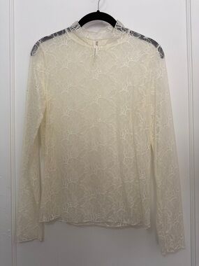 Anthropologie Cream Lace Long-Sleeve Tee with Black Shoulder Detail